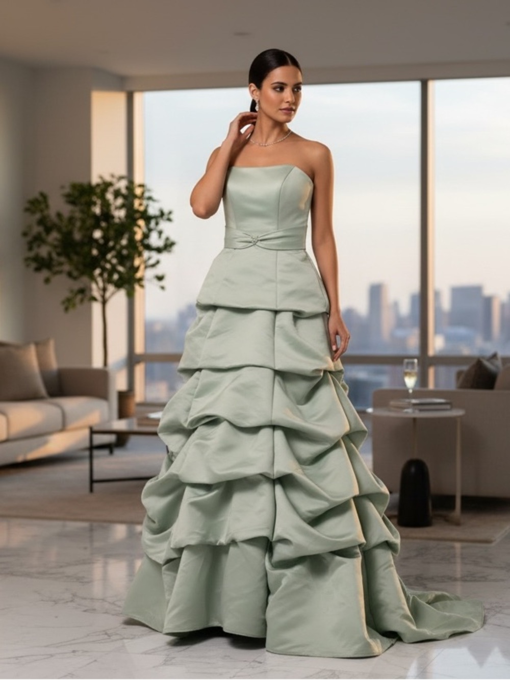 Vintage Mori Lee‎ Sage Green Tiered Satin Formal Evening Dress Size 5/6